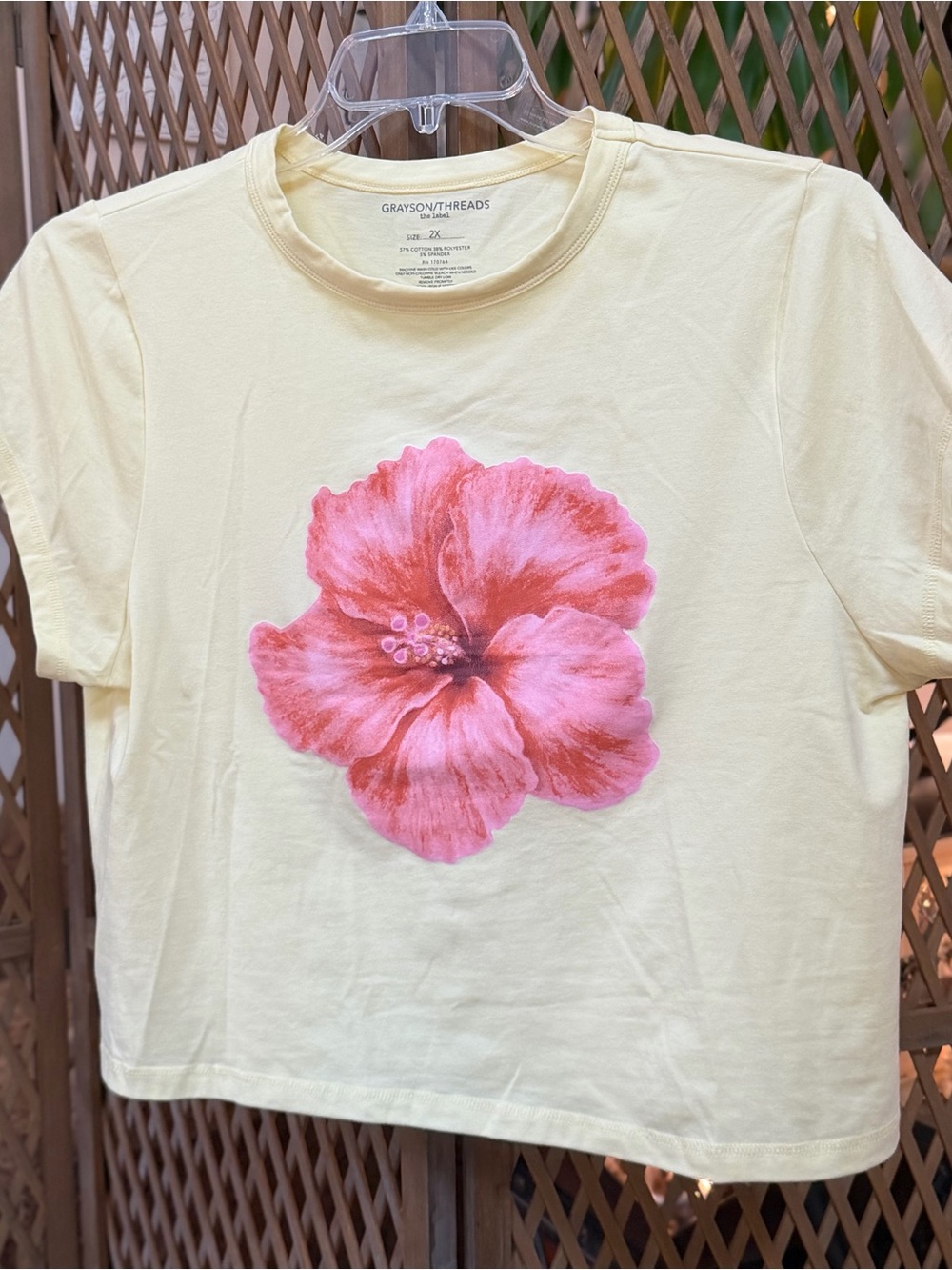 Grayson Threads Women's Pale Yellow Tee with Pink Hibiscus Graphic